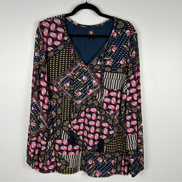 JM Collection Boho Sheer Sleeves Tassel Lined Blouse XL Blue Pink - Picture 2 of 14